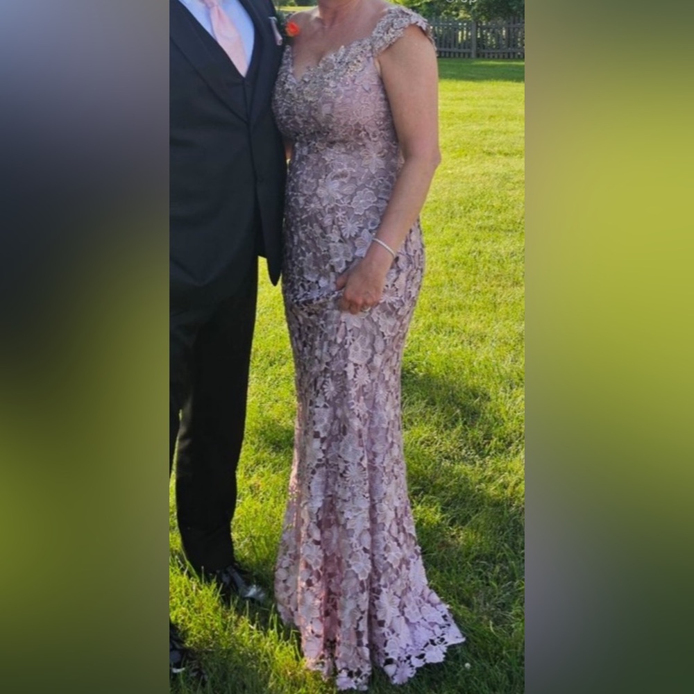 Mon Cheri Floral Lace Long  Gown in Lavender